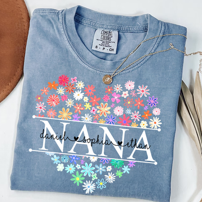 Comfort Colors Personalized Nana Flower Heart Shirt, Custom Grandma Nickname Tee With Kids Names, Mimi Gigi Grandma Floral Heart Design Family Grandkids Name Shirt Mothers Day Grandma Apparel