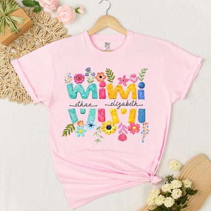Personalized Mimi Shirt Custom Grandkids Names Floral Letter Graphic Tee Women Family Love Colorful Spring Casual Outfit Top