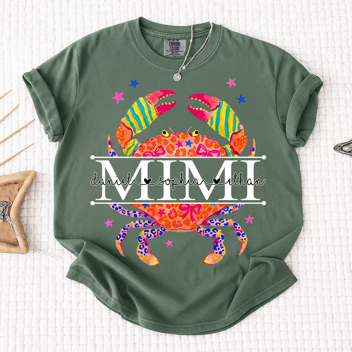 Comfort Colors® Women’s Mimi Crab Graphic T-Shirt Fun Family Vacation Casual Summer Top