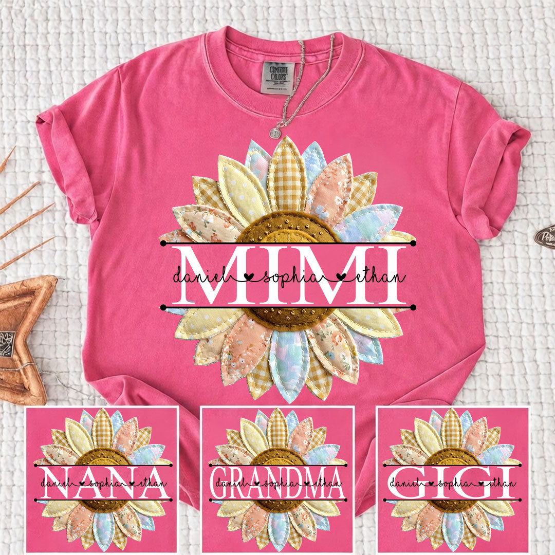 Comfort Colors Personalized Mimi Sunflower Patchwork Shirt Custom Grandma Nickname Tee With Grandkids Names Nana Gigi Grandma Floral Sunflower Design Family Gift Mothers Day Grandma Apparel