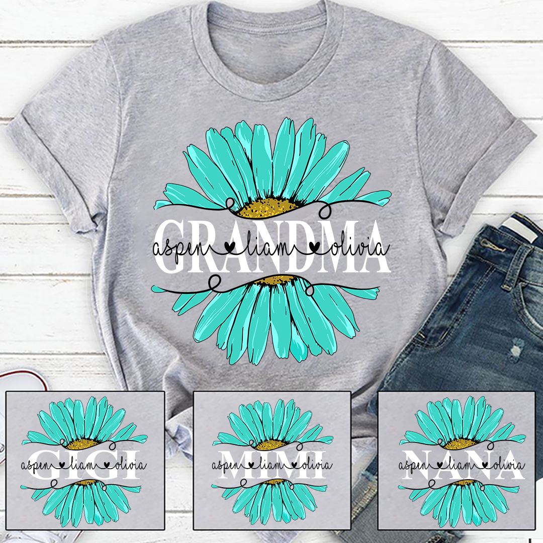 Grandma Flower Daisy Turquoise  And Grandkids Mother's Day T-Shirt