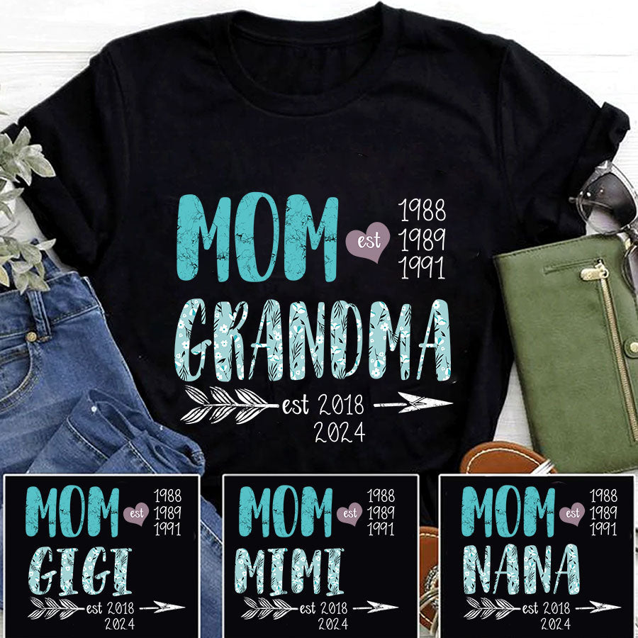 Personalized  Mom Est Grandma Est Flower Turquoise T-Shirt