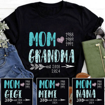 Personalized  Mom Est Grandma Est Flower Turquoise T-Shirt