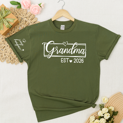 Grandma Est 2026 Shirt Graphic Tee Personalized Grandma Established Year Custom Sleeve Names Family Gift for New Grandma Mother’s Day Birthday