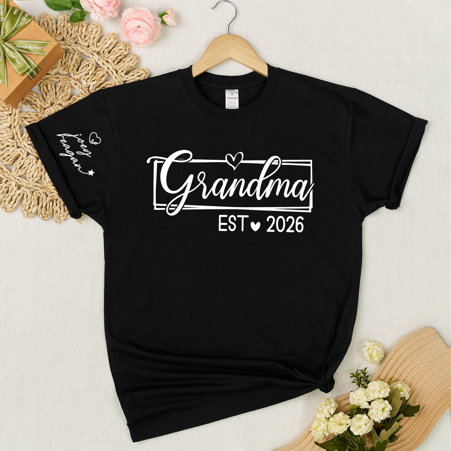 Grandma Est 2026 Shirt Graphic Tee Personalized Grandma Established Year Custom Sleeve Names Family Gift for New Grandma Mother’s Day Birthday