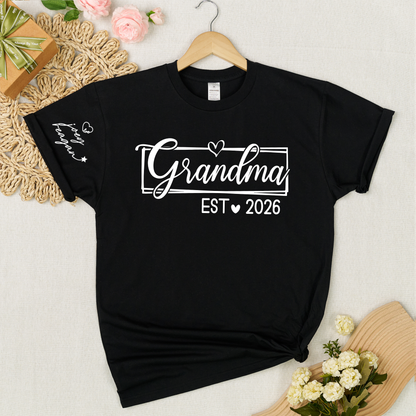 Grandma Est 2026 Shirt Graphic Tee Personalized Grandma Established Year Custom Sleeve Names Family Gift for New Grandma Mother’s Day Birthday