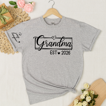 Grandma Est 2026 Shirt Graphic Tee Personalized Grandma Established Year Custom Sleeve Names Family Gift for New Grandma Mother’s Day Birthday