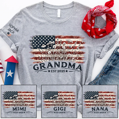 Personalized Grandma Est 2025 Shirt, Custom Nana Mimi Gigi Grandma Tee With Kids Names On Sleeve, Patriotic Floral American Flag Shirt Family Grandkids Gift U.S. 250th Anniversary Apparel