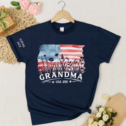 Personalized Grandma Shirt Patriotic USA Flag Wildflower Design Custom Nana Mimi Gigi Name Tee U.S. 250th Anniversary 4th of July Family Outfit