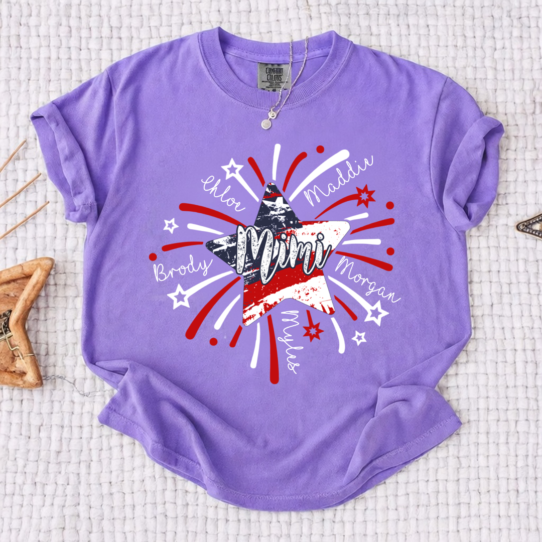 Personalized MIMI Fireworks America Flag Shirt – Custom Grandma Tee with Grandkids Names