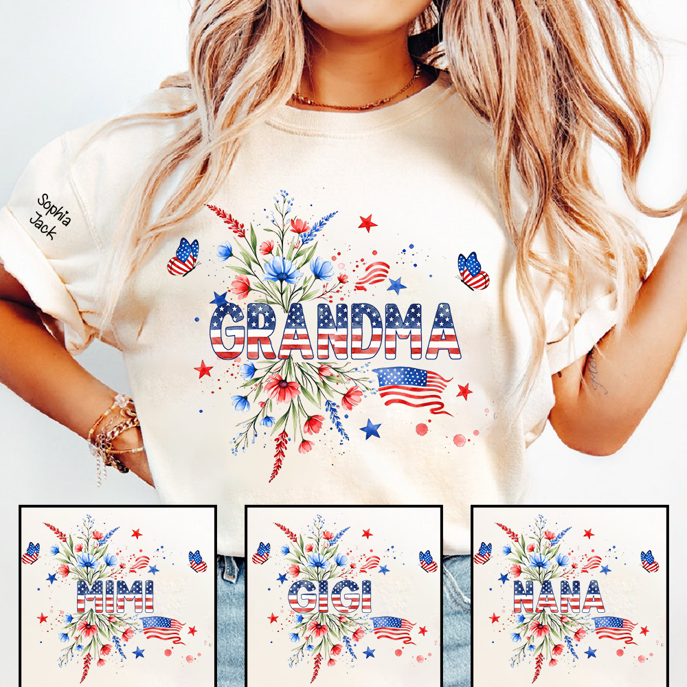 Patriotic Grandma Shirt, American Flag Floral Grandma T-Shirt, Custom Mimi Gigi Nana Tee, 4th of July Grandma Gift, Mother's Day Apparel