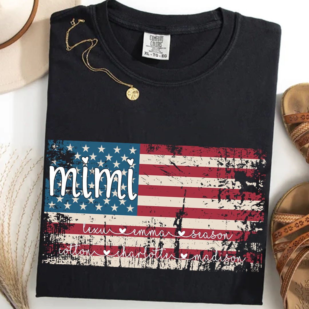 Comfort Colors Personalized Mimi American Flag Shirt With Grandkids Names, Custom Patriotic Mimi Shirt for Family, Meaningful USA Flag Design Apparel for Women and Grandma