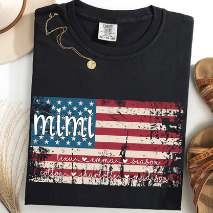 Comfort Colors Personalized Mimi American Flag Shirt With Grandkids Names, Custom Patriotic Mimi Shirt for Family, Meaningful USA Flag Design Apparel for Women and Grandma