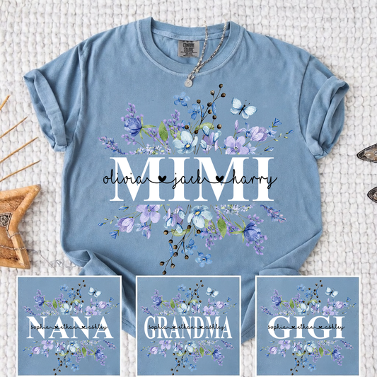 Comfort Colors Personalized Mimi Shirt Blue Wildflower Design Custom Grandma Nana Gigi Name Tee with Grandkids Names Elegant Family Outfit for Women