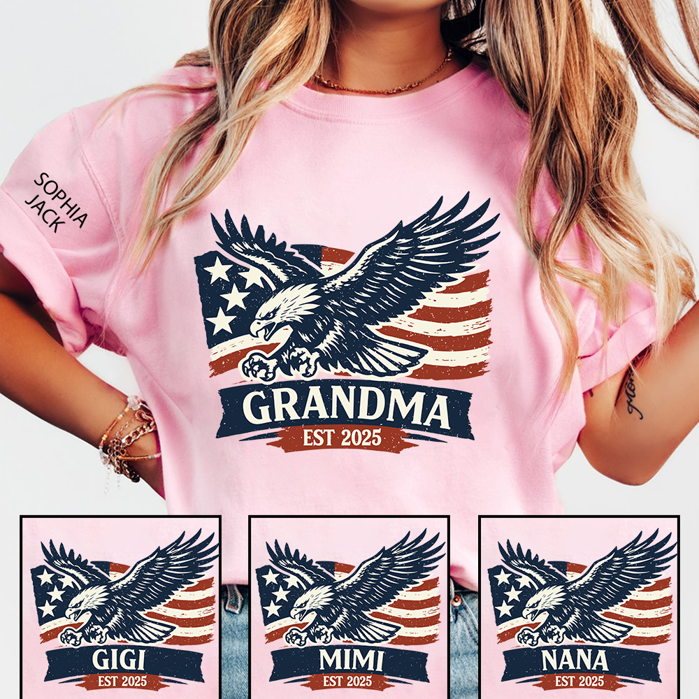 Personalized Grandma Shirt Patriotic Eagle and American Flag Design Custom Mimi Nana Gigi Name Tee EST. 2025 Family Gift for Her