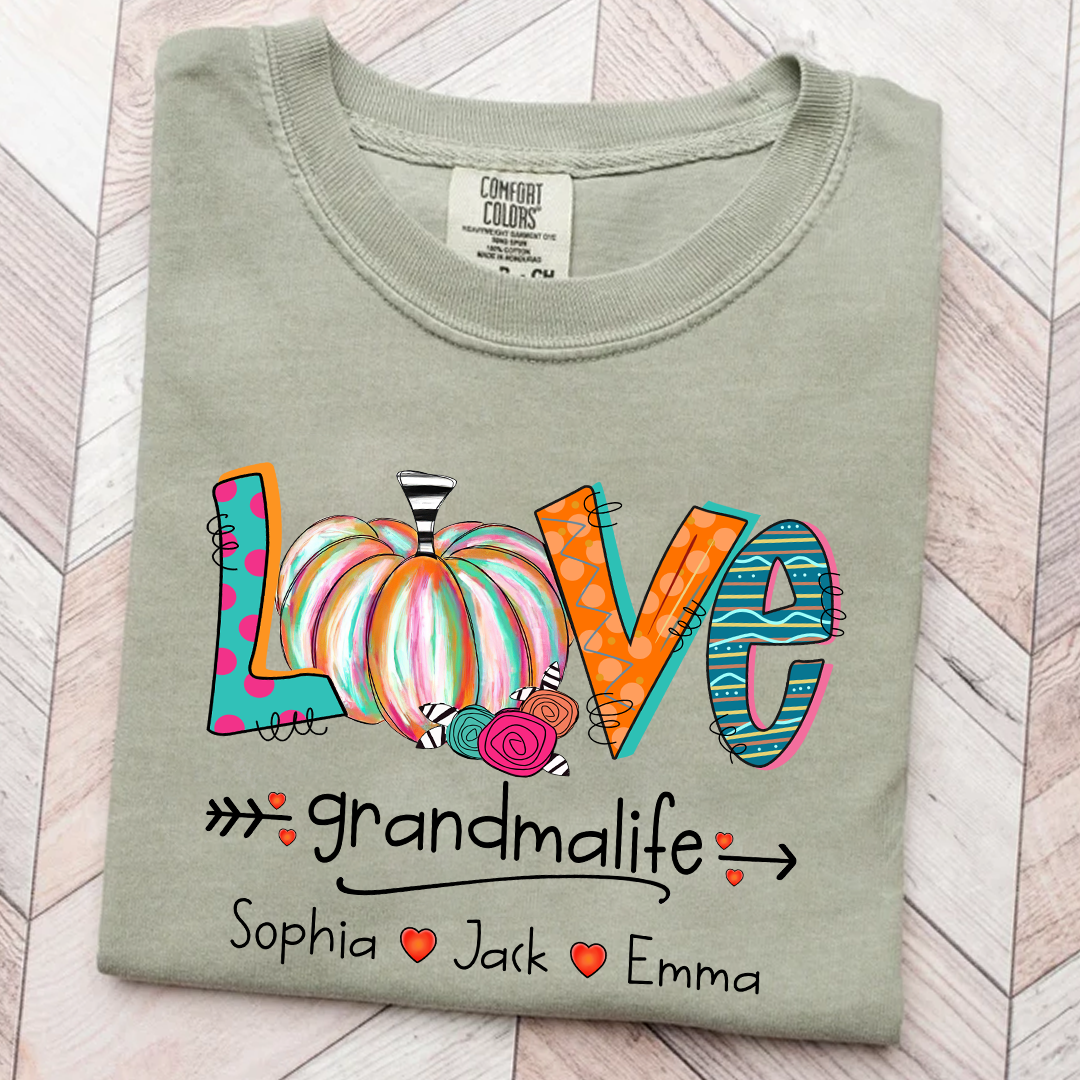 Comfort Colors® Grandma Life Pumpkin Shirt with Grandkids Names – Fall Personalized Gift for Nana, Gigi