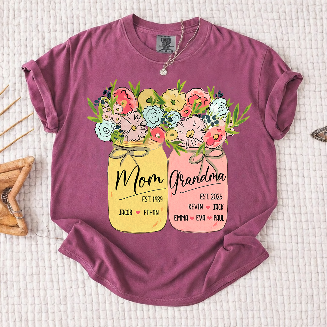 Personalized Mom Grandma Shirt Birth Flower Mason Jar Design Custom Nana Mimi Gigi Name Tee with Kids Names Meaningful Family Keepsake Gift for Women