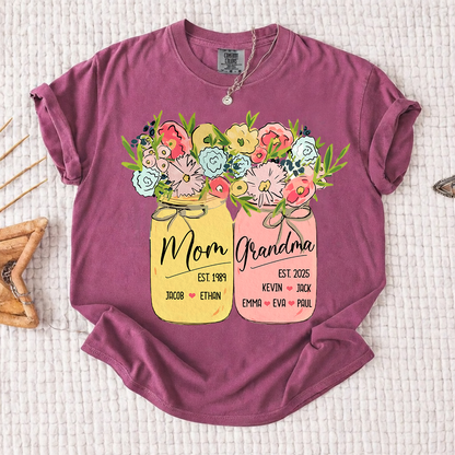 Personalized Mom Grandma Shirt Birth Flower Mason Jar Design Custom Nana Mimi Gigi Name Tee with Kids Names Meaningful Family Keepsake Gift for Women