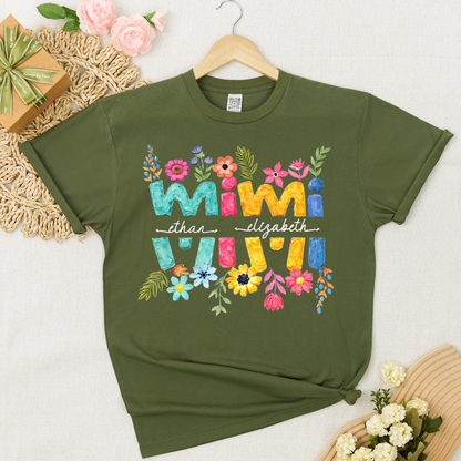 Personalized Mimi Shirt Custom Grandkids Names Floral Letter Graphic Tee Women Family Love Colorful Spring Casual Outfit Top