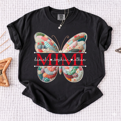 Custom Mimi T Shirt with Butterfly Patchwork Graphic, Personalized Family Names Tee