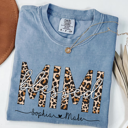 Comfort Colors® -Blessed Mimi Leopard Print T-Shirt – Personalized Grandma Tee with Grandkids' Names – Custom Gift for Mimi