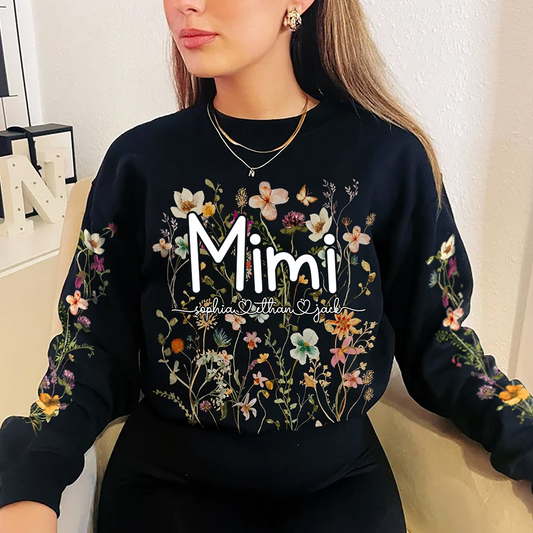 Vintage Pressed Flowers Mimi And Kids Sweatshirt, Boho Cottagecore Crewneck, For Gift Family