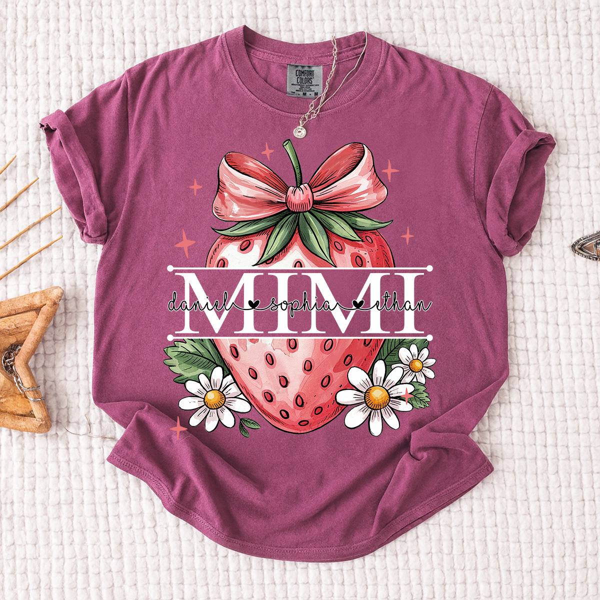Comfort Colors® Custom Mimi T Shirt with Strawberry Bow Design, Floral Grandma Graphic Tee, Cute Summer Fruit Shirt for Mimi