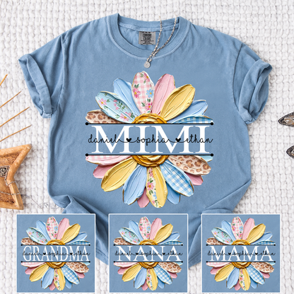 Comfort Mimi Floral Shirt, Custom Grandkids Names with Colorful Patchwork Daisy Design