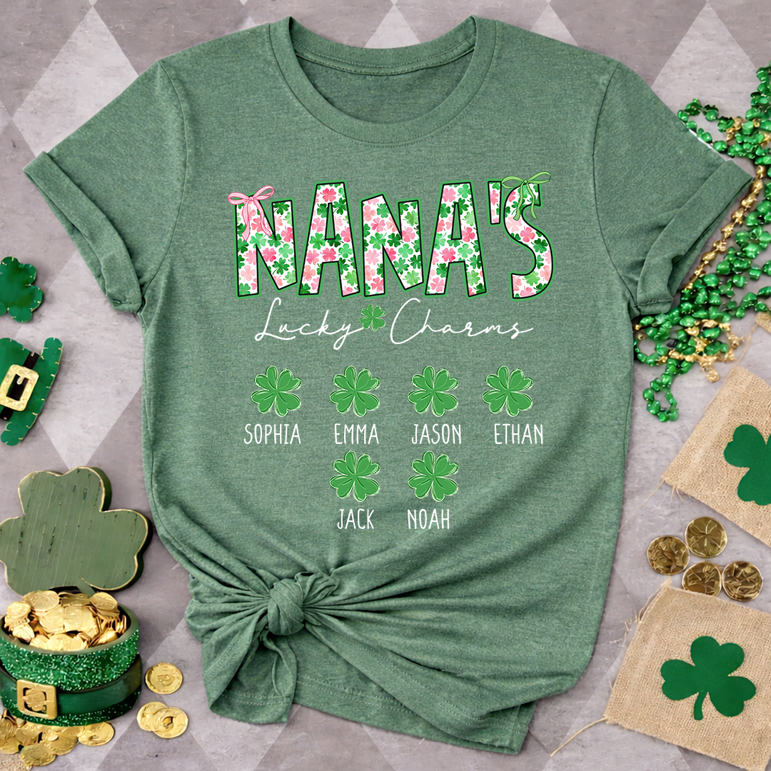 Nana’s Lucky Charms Shirt, Personalized St Patrick’s Day Shamrock Family T-Shirt