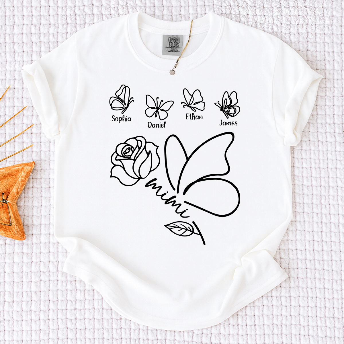 Comfort Colors Custom Mimi Shirt, Butterfly and Rose Graphic, Personalized with Kids Names, Family Gift