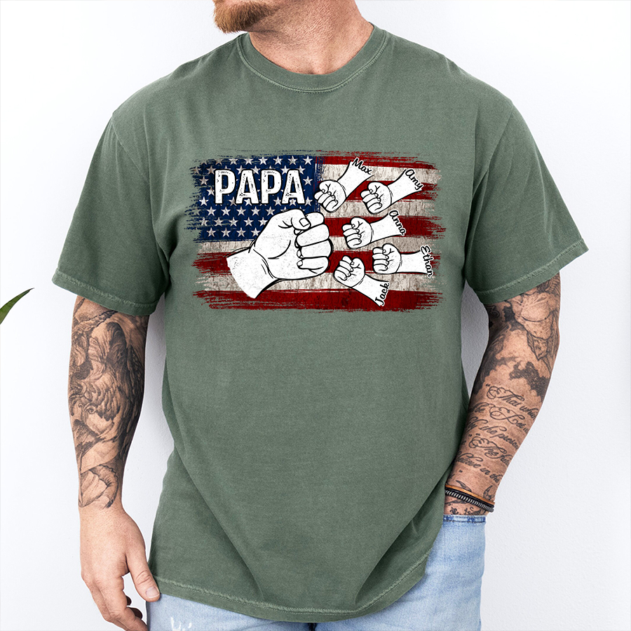 Comfort Colors® Papa Fist Bump Shirt with Kids Names – American Flag Custom T-Shirt for Dad