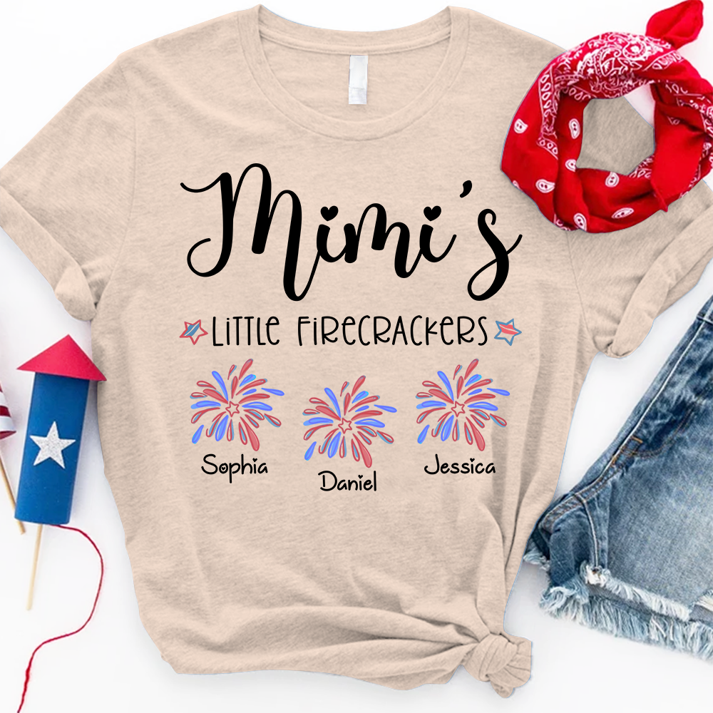 Mimi’s Little Firecrackers T Shirt, Custom Names with Firework Graphic, Great Gift for Grandma on 4th of July or Birthday