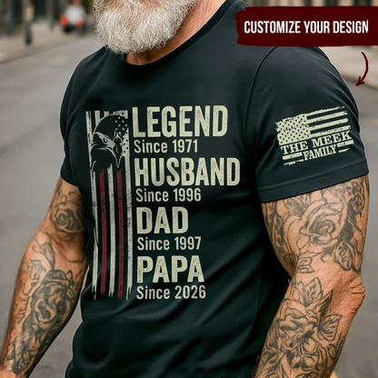 Legend Husband Dad Papa Shirt with American Flag, Personalized Since Year T-Shirt Gift for Men
