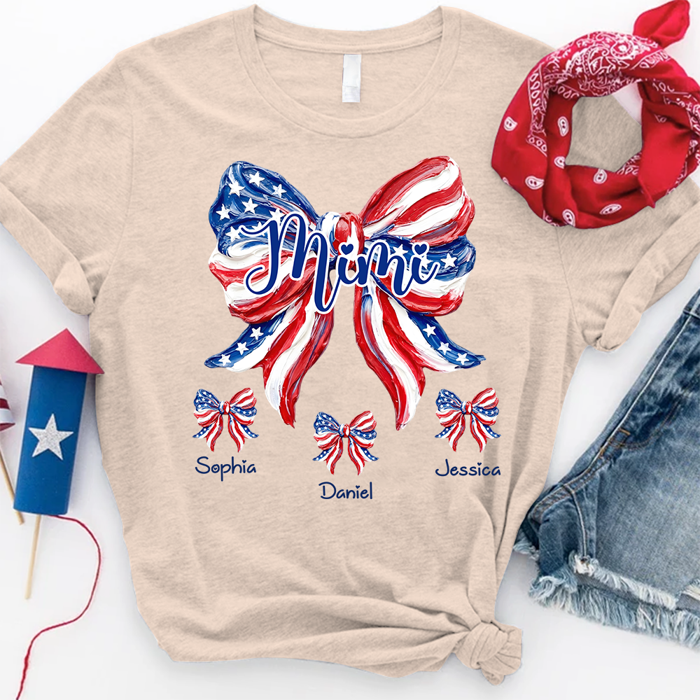 Patriotic Mimi Shirt for Grandma, Custom USA Flag Bow Tee, Personalized Family Names Summer Holiday Gift