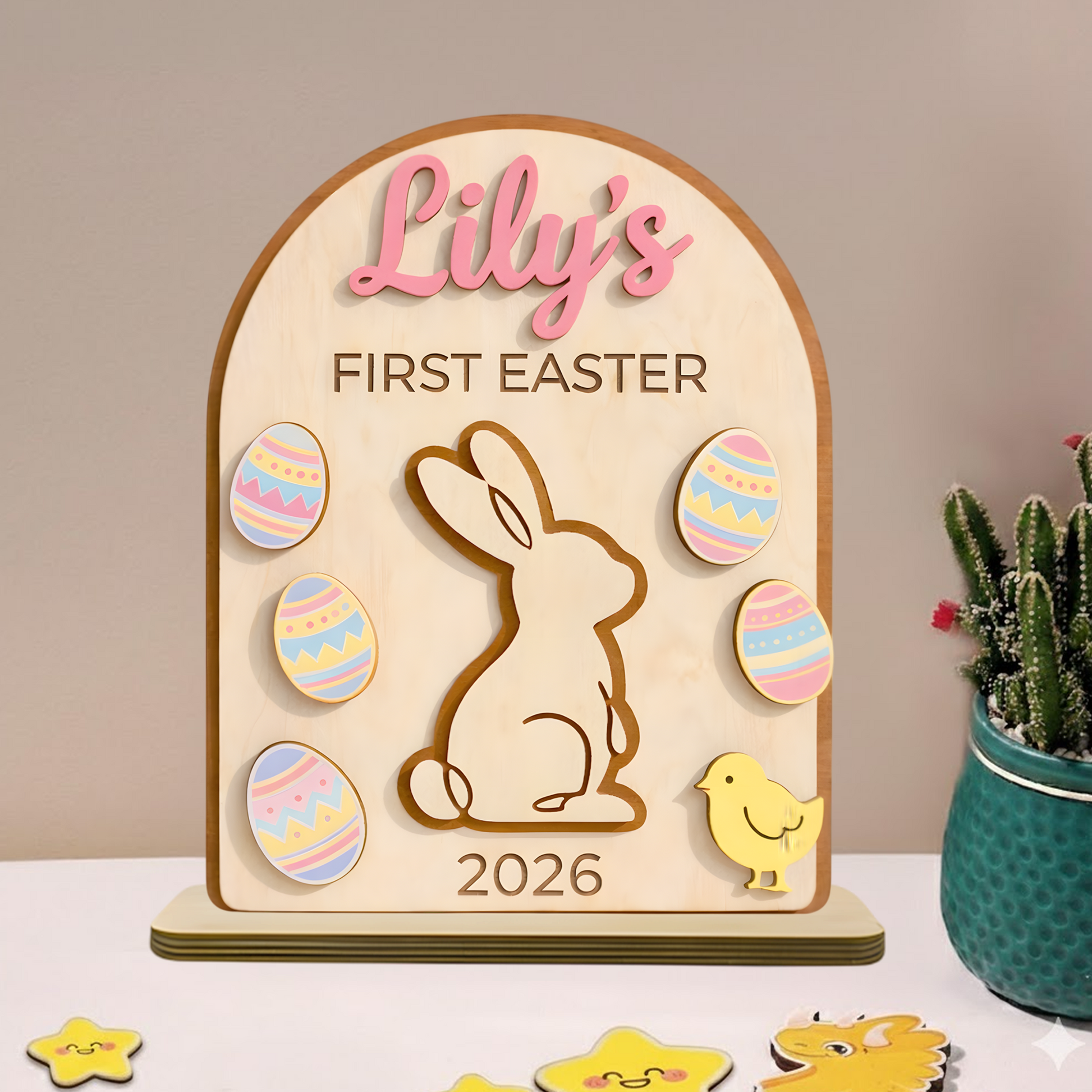 Personalized First Easter Wooden Plaque - Custom Name and Date for Baby Boy or Girl, Cute Bunny and Egg Design