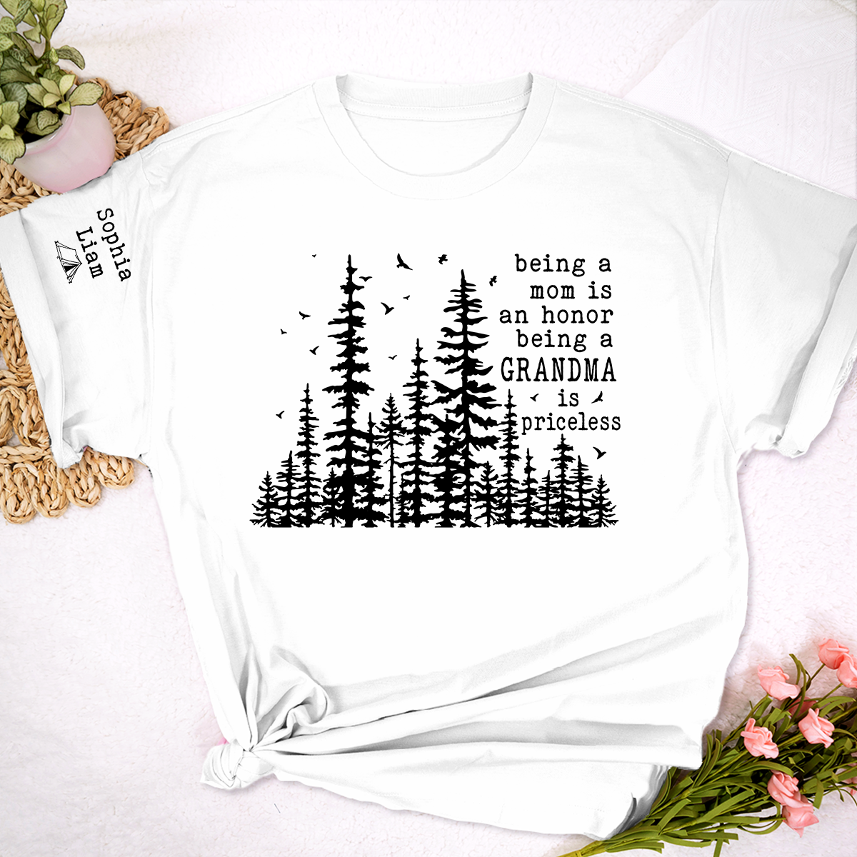 Being a Mom Is an Honor Being a Grandma Is Priceless Shirt, Personalized Grandma Shirt with Grandkids Names, Nature Lover Tee