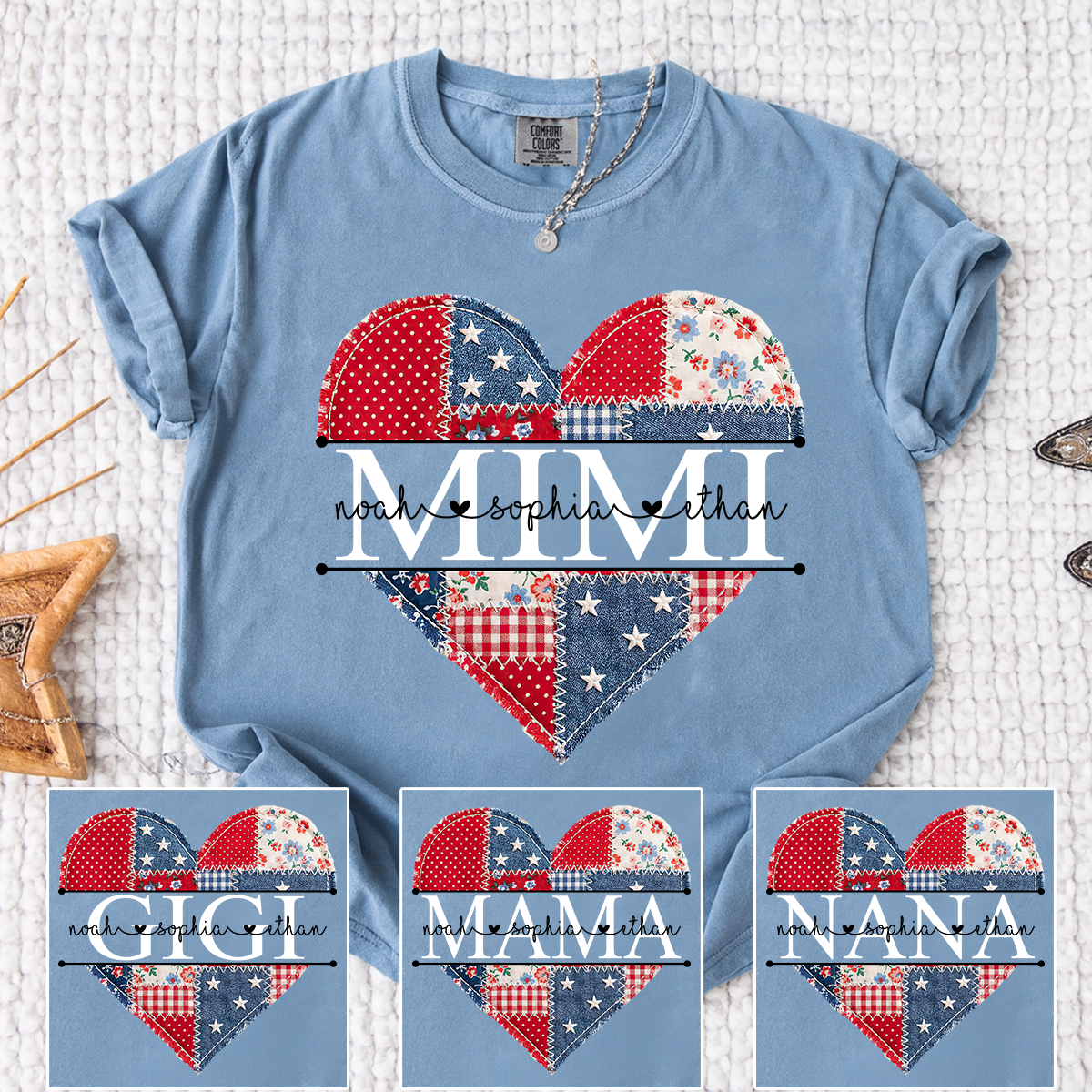 Comfort Colors Personalized Mimi Shirt with Grandkids Names, Patriotic Heart Patchwork Design