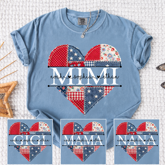 Comfort Colors Personalized Mimi Shirt with Grandkids Names, Patriotic Heart Patchwork Design