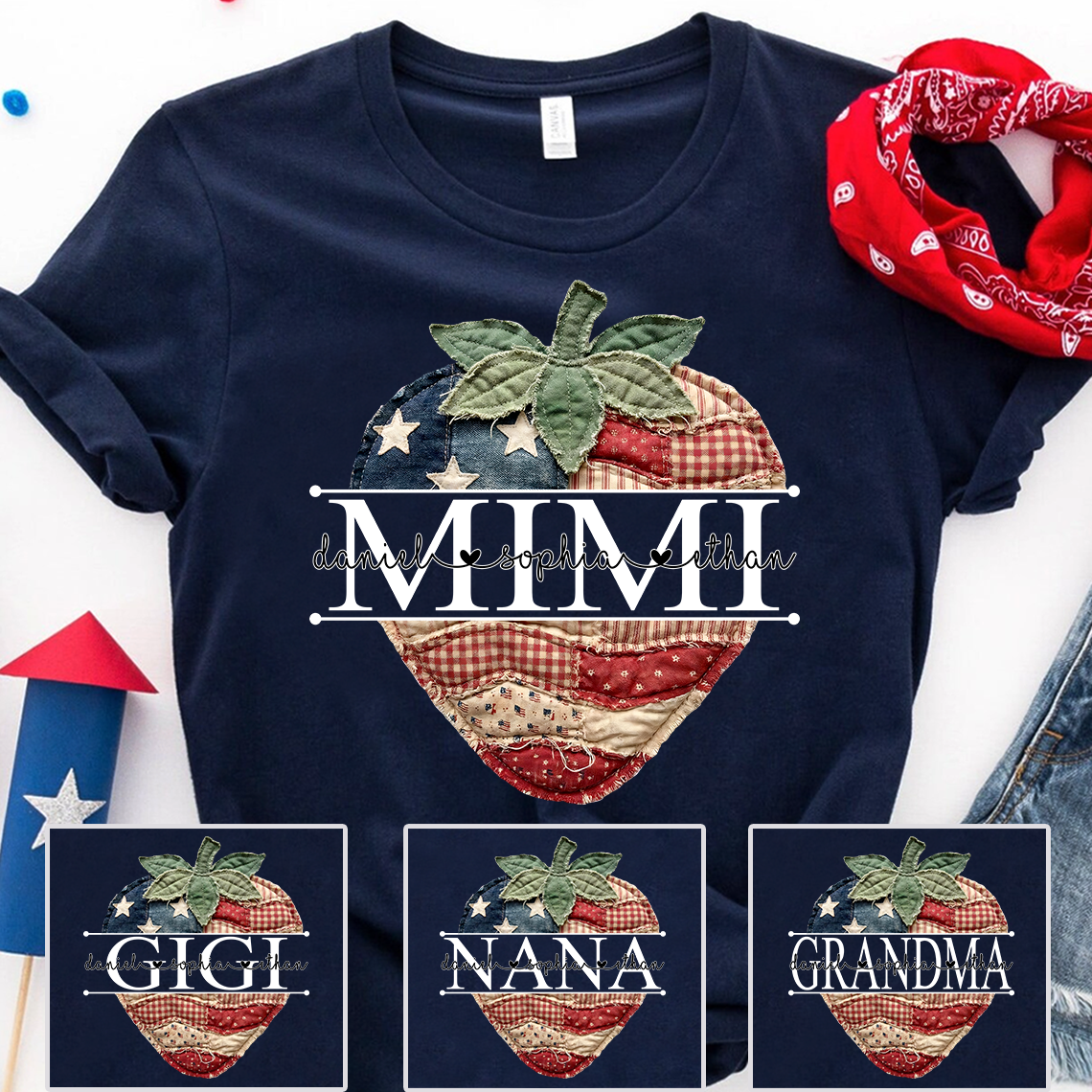 Custom 4th of July Mimi Strawberry T-Shirt, Personalized Patriotic Red White Blue Tshirt