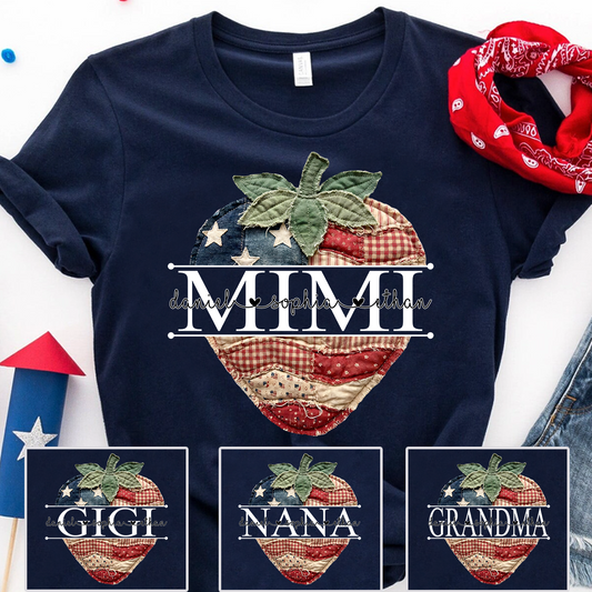 Custom 4th of July Mimi Strawberry T-Shirt, Personalized Patriotic Red White Blue Tshirt