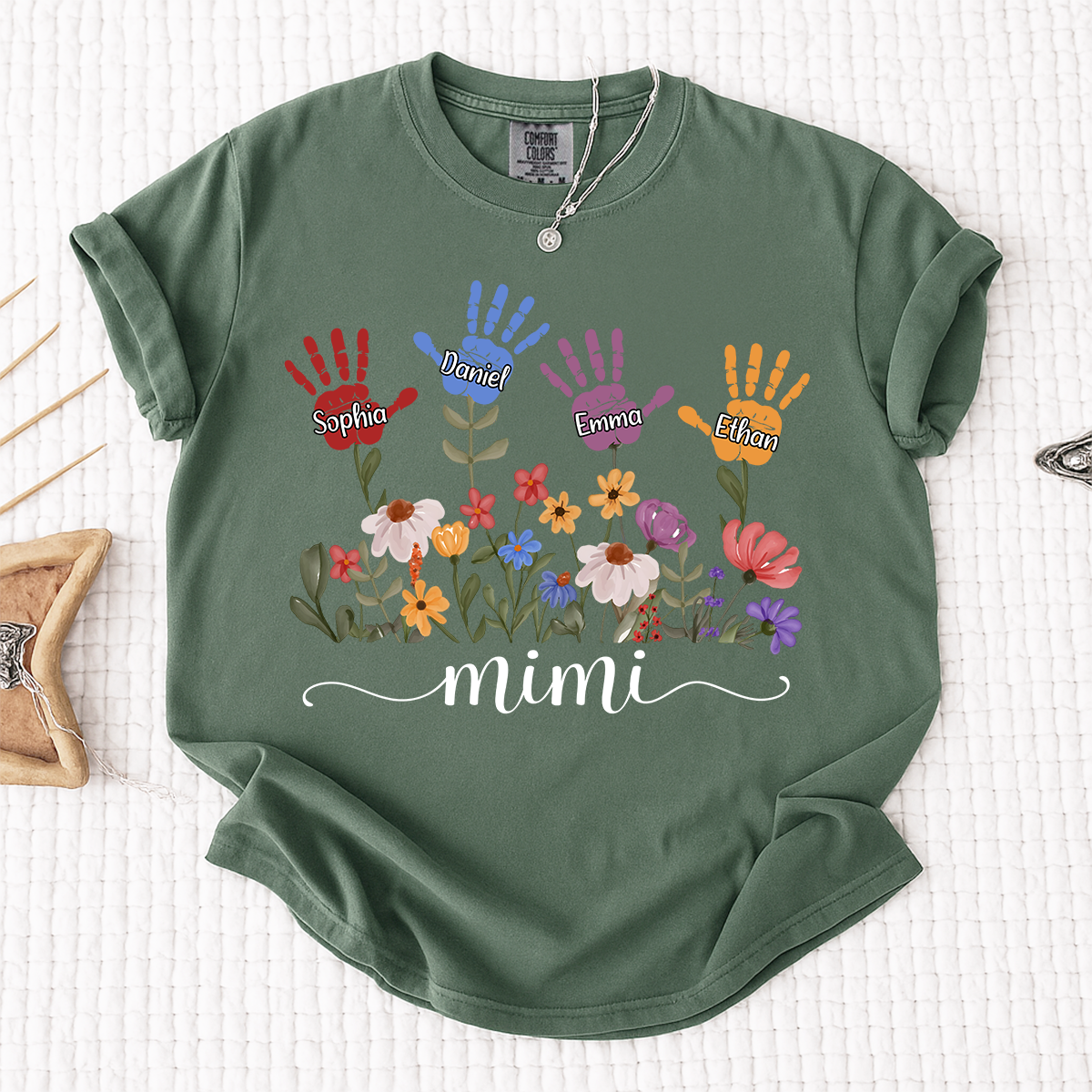 Comfort Colors Mimi Custom T Shirt with Kids Handprints, Personalized Family Names and Colorful Flower Design