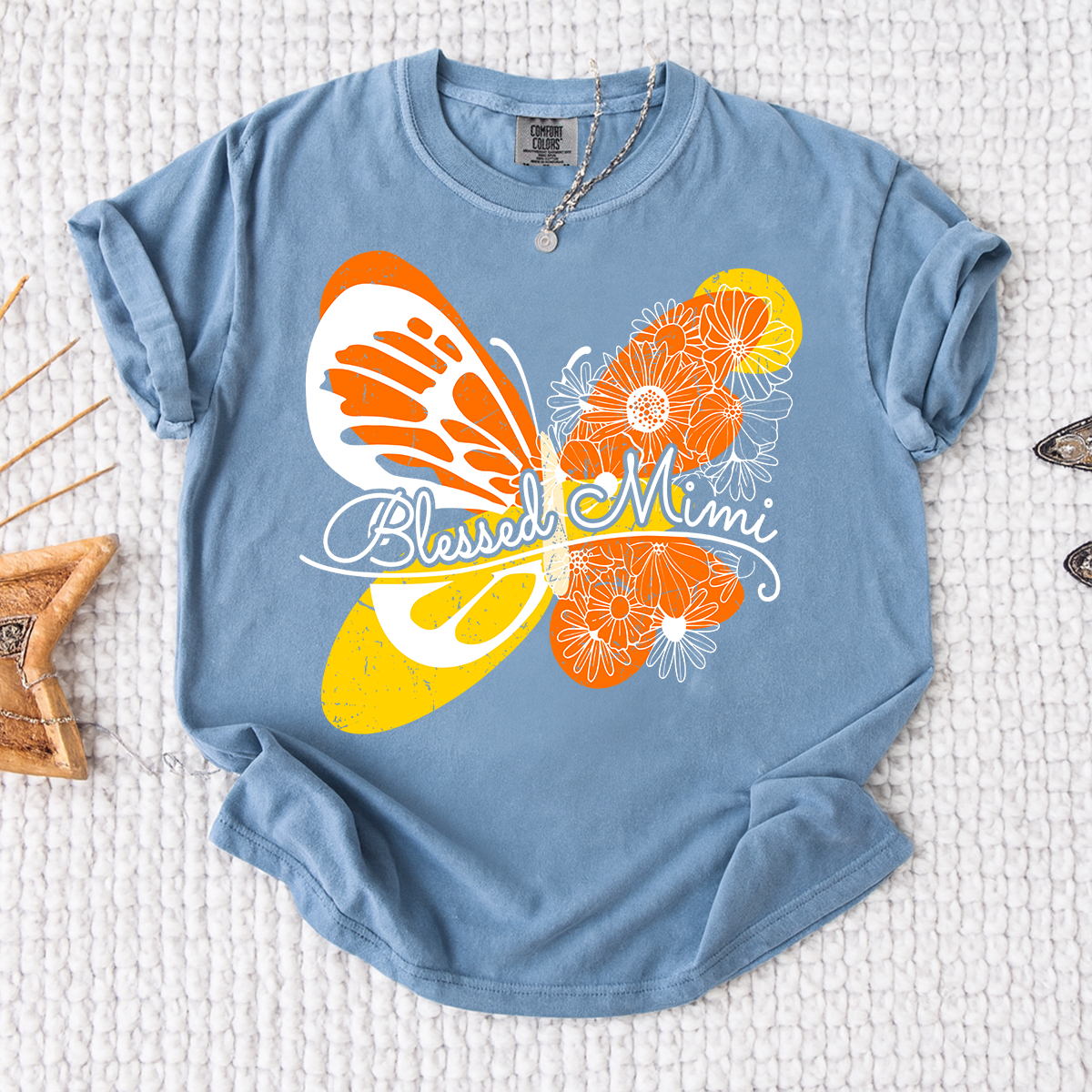 Comfort Colors Personalized Blessed Mimi Shirt with Butterfly and Floral Design, Custom Grandkids Names