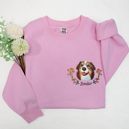 Custom Dog Portrait Embroidered Sweatshirt, Personalized Pet Face and Pet name Sweatshirt
