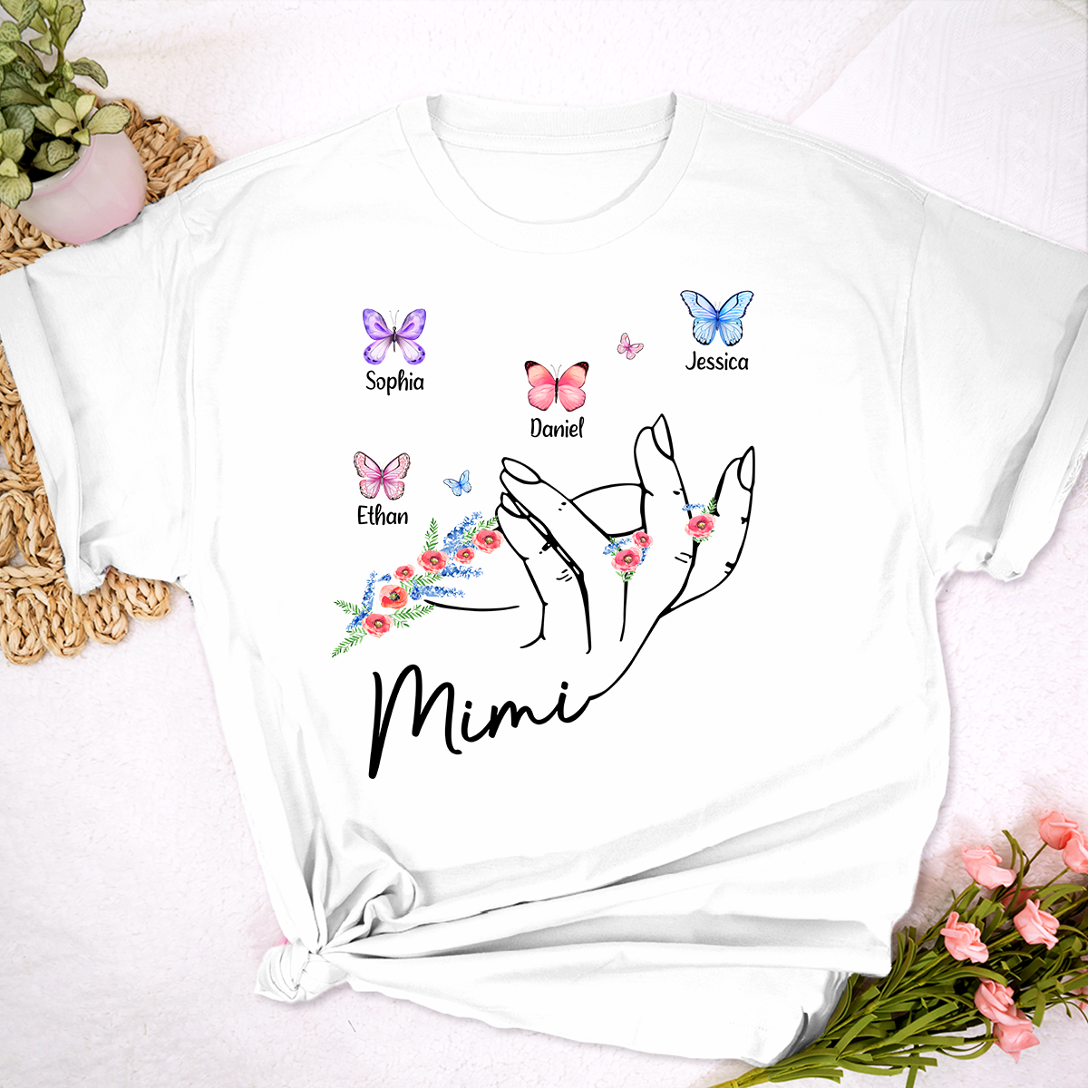 Personalized Mimi Shirt with Kids Names and Butterflies – Custom Grandma Gift with Hand Holding Design