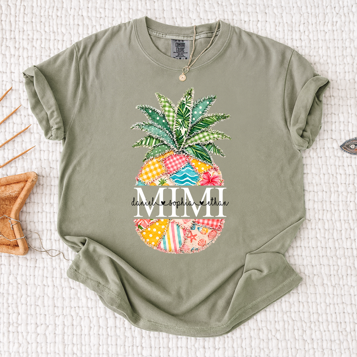 Comfort Colors Custom Mimi Pineapple Patchwork Shirt, Personalized Grandma Beach Tee with Grandchildren Names, Summer Family Gift