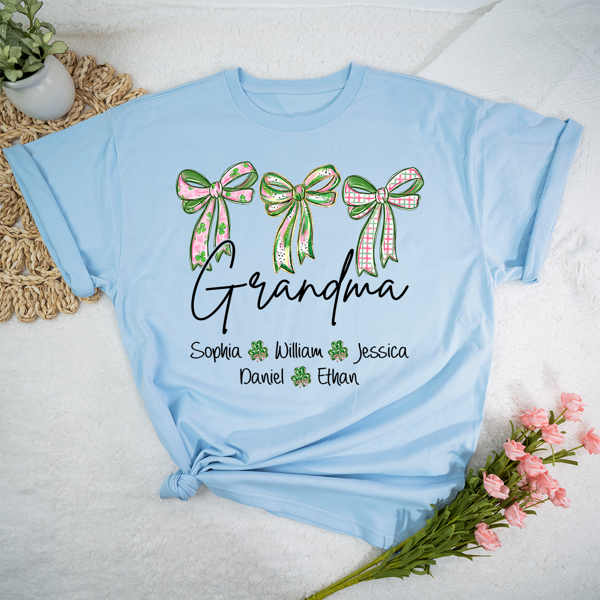 Lucky Grandma Personalized Shirt, Shamrock and Bow St Patrick Day Theme, Custom Names Family Shirt for Grandma