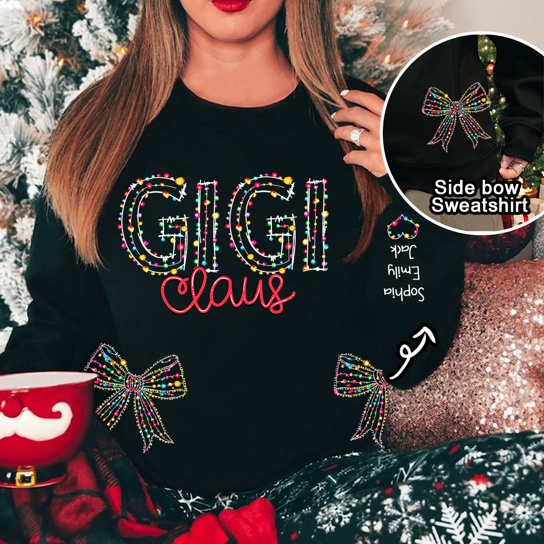 Custom Christmas Gigi Claus Light And GrandKids Name Coquette Bow Light Sweatshirt