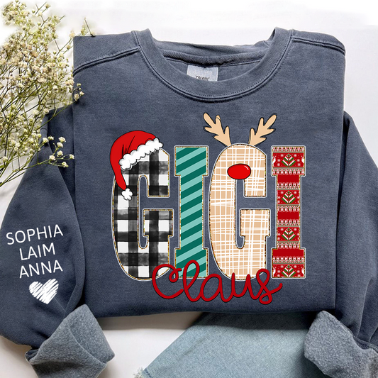 Gigi Claus Christmas Sweatshirt – Personalized Holiday  with Child’s Name on Sleeve Sweatshirts