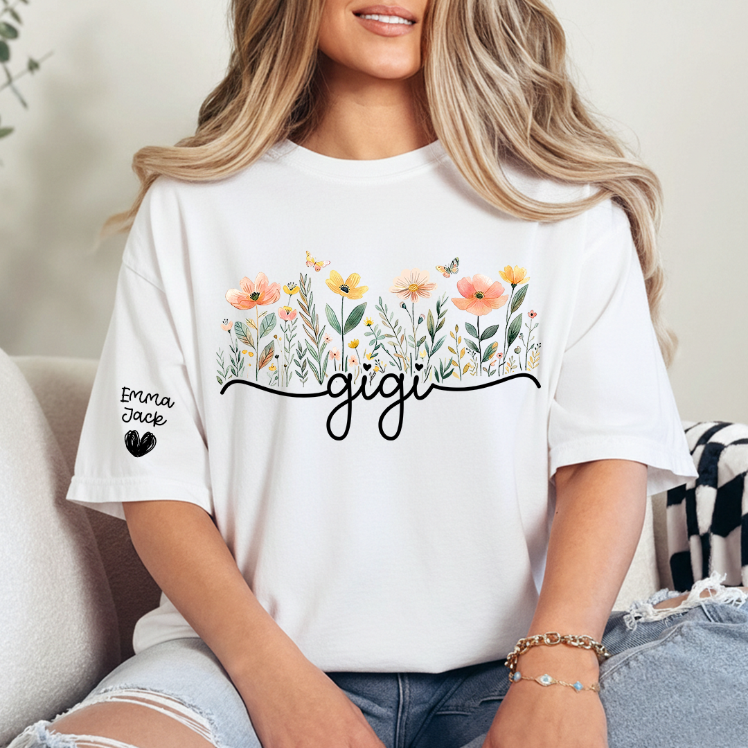 Gigi Floral Shirt, Personalized Grandma Tee with Family Names, Flower Garden Graphic T Shirt, Gift for Gigi from Grandchildren