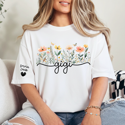 Gigi Floral Shirt, Personalized Grandma Tee with Family Names, Flower Garden Graphic T Shirt, Gift for Gigi from Grandchildren